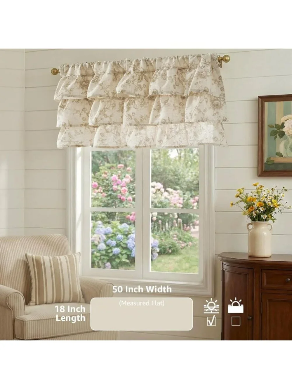 Ruffled Floral Valance Curtain - Shabby Chic Linen Window Treatment, 18